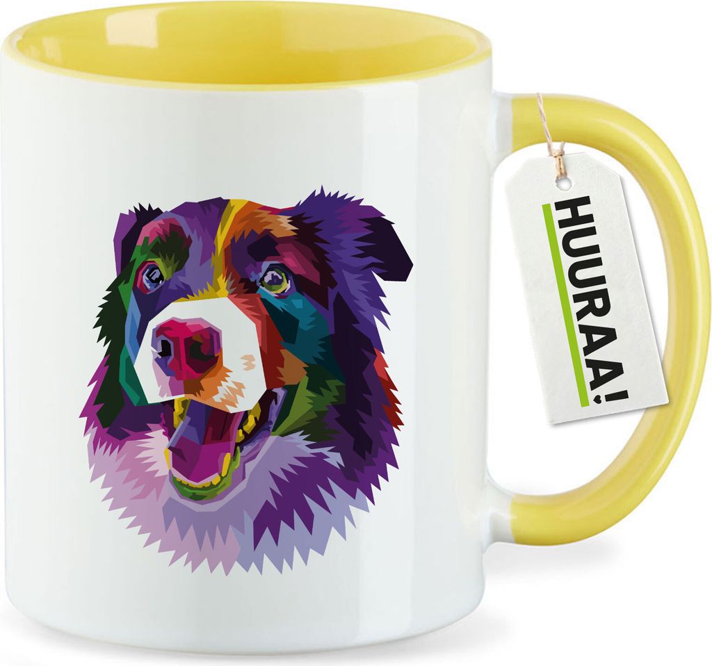 Huuraa Kaffeetasse Border Collie Colorful 330ml Gelb Keramik Kaffeebecher Geschenkidee