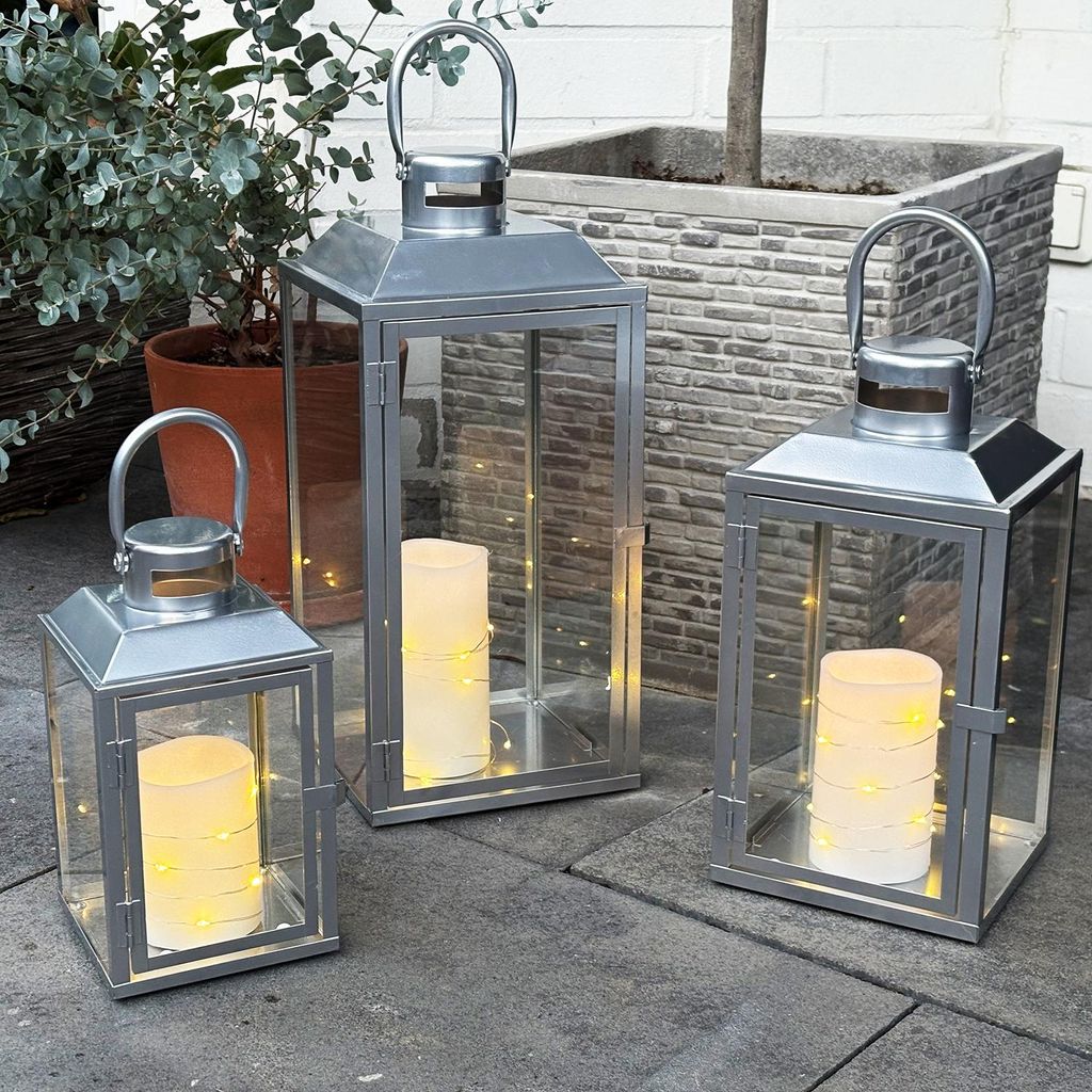 3er Gartenlaternen Laternen Metall Windlicht Silber Produktbild 