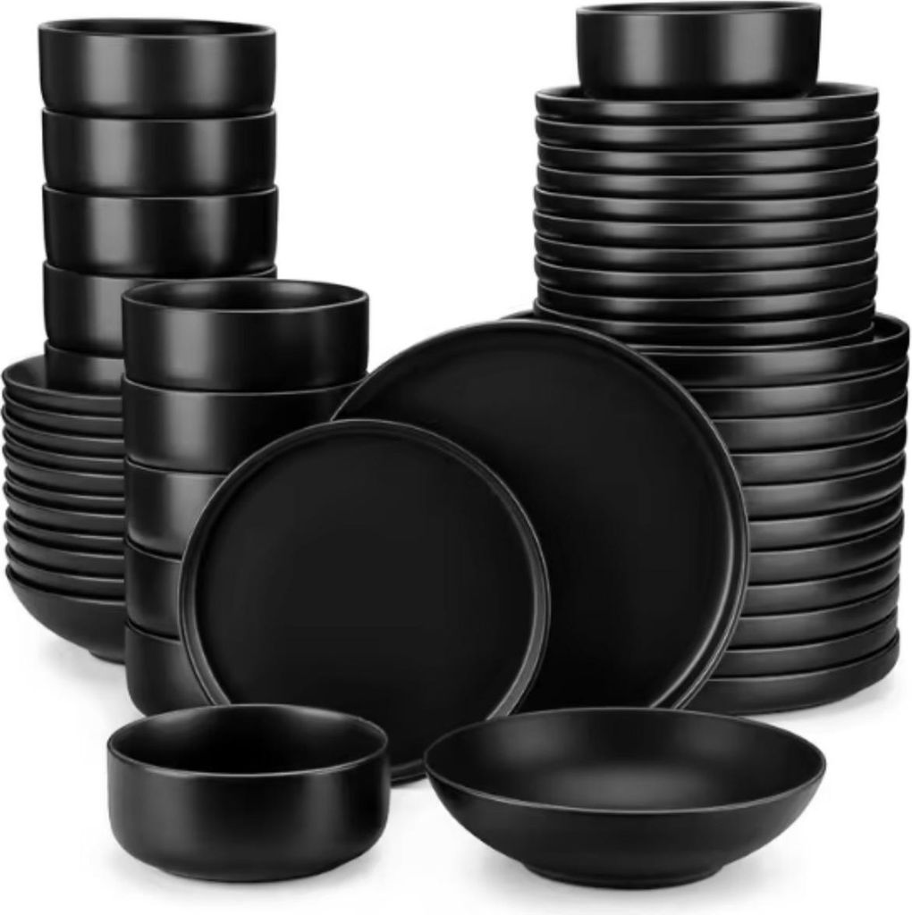 Morencia Serviesset – 48-teilig – 12 Personen – Schwarz Keramik – Diner-, Frühstücks- & Tiefe Teller – Küchenservies