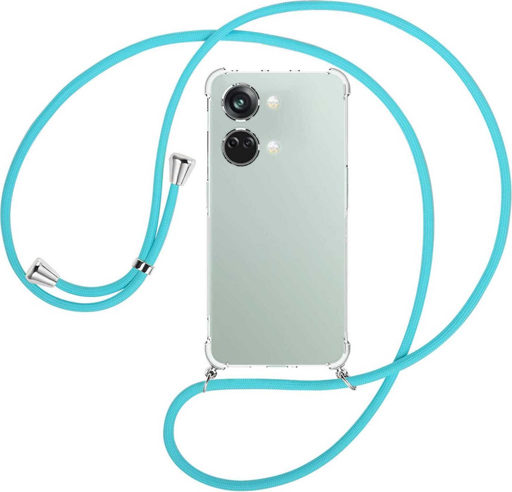 Handykette Backcover-Schutzhülle mit Band (Metall silberfarben) für OnePlus Nord 3 (CPH2491) - türkis