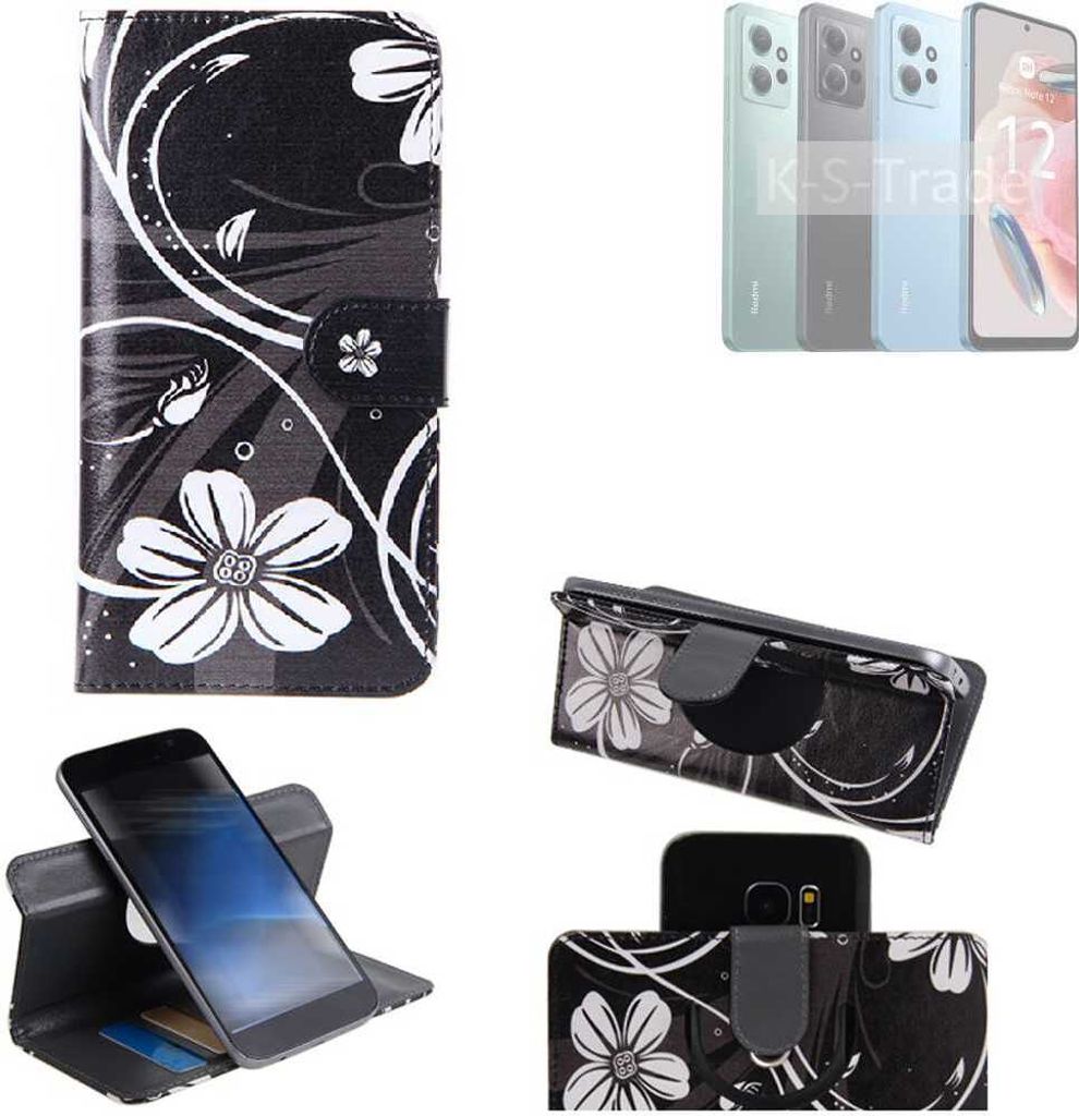 K-S-Trade Schutzhülle Handyhülle kompatibel mit Xiaomi Redmi Note 12 4G Hülle 360° Wallet Case “Flowers“ Klapphülle Hülle schwarz-weiß 1x