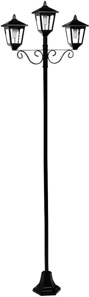 A black, three-headed lamppost on a white background.