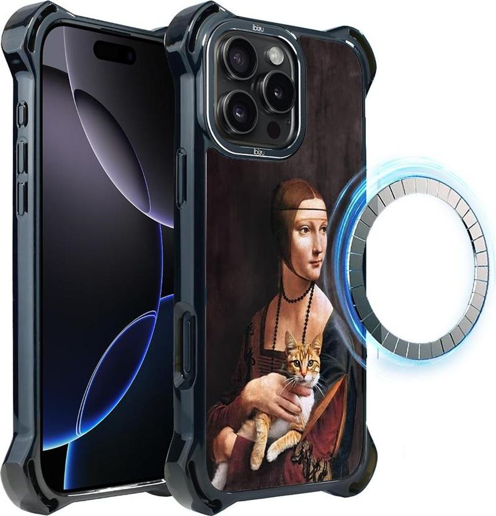 Hülle für iPhone 16 Pro IBIZU DropGuard Ultra mit MagSafe, Leonardo Da Vinci, Dame mit Katze