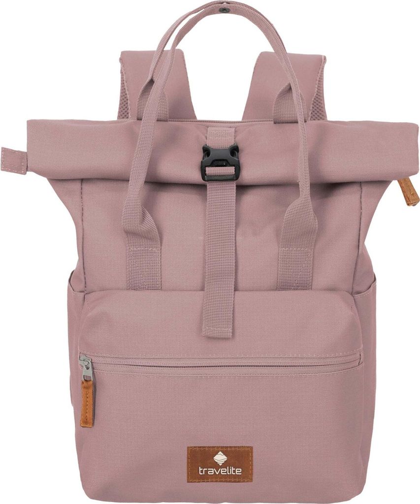 A pink backpack is shown against a white background.