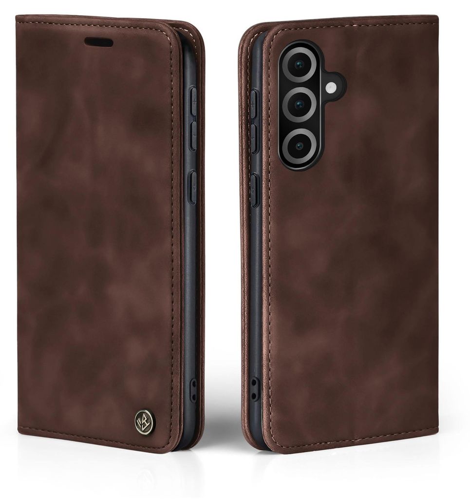 A brown leather flip case for a smartphone is shown from two angles.