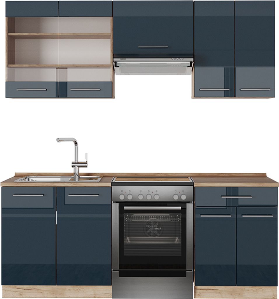 Küchenzeile Vicco Fame-Line Dunkelblau Hochglanz/Goldkraft Eiche 200 cm , AP Eiche, Model 49782