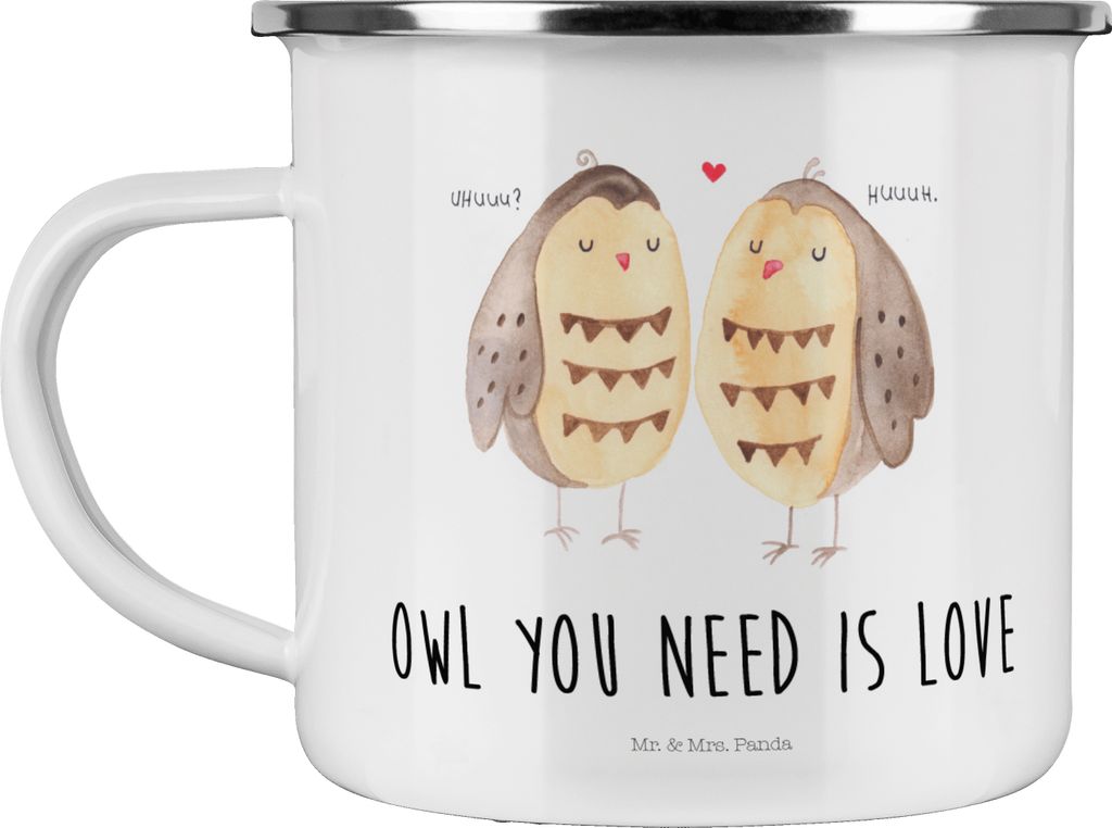 Mr. & Mrs. Panda Emaille Tasse Eulen Liebe - Weiß - Geschenk, Romantisch, Eule, Outdoor Becher, metallbecher, Hochzeit Spruch, Liebesspruch, Pott,...