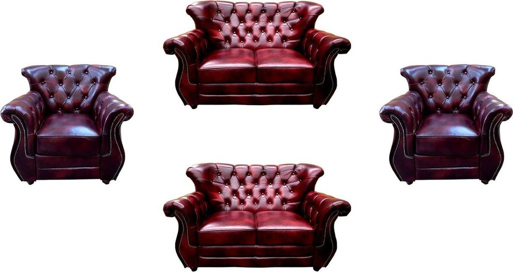 Casa Padrino Luxus Chesterfield Echtleder Wohnzimmer Set Bordeauxrot / Braun / Silber - 2 Leder Sofas & 2 Leder Sessel - Wohnzimmer Möbel - Cheste...