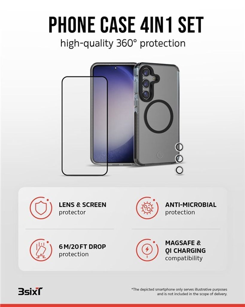 3sixT 4in1 Protection Bundle, Case, Displayschutz, Kameraschutz und Stressfrei-Applikator, kompatibel mit Samsung Galaxy S24+, transparent.