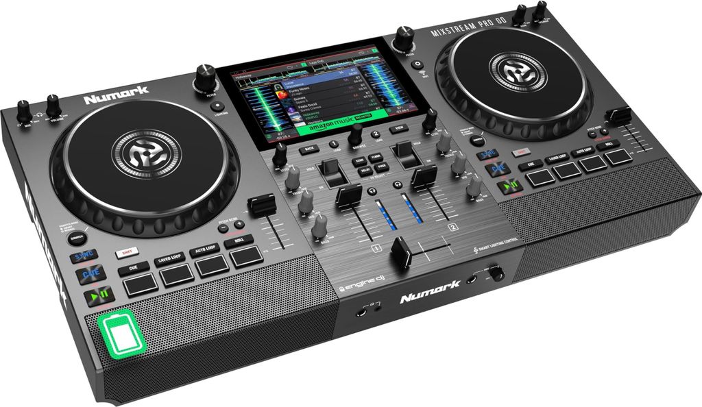 Numark Mixstream Pro Go Tragbarer DJ-Controller mit Akku, Mixer mit Stem-Trennung, Lautsprecher, WLAN-Streaming, Touchscreen, kompatibel mit Serato DJ