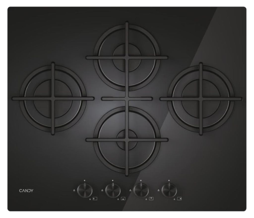 Candy Moderna CVG6DTB, Schwarz, Integriert, 59.5 cm, Gaskochfeld, Gehärtetes Glas, 4 Zone(n)