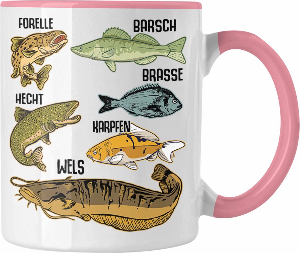Trendation - Angler Fischer Tasse mit Fischarten Geschenk Raubfische Hobbyangler Hecht Forelle Barsch Angeln Kaffeetasse (Rosa)