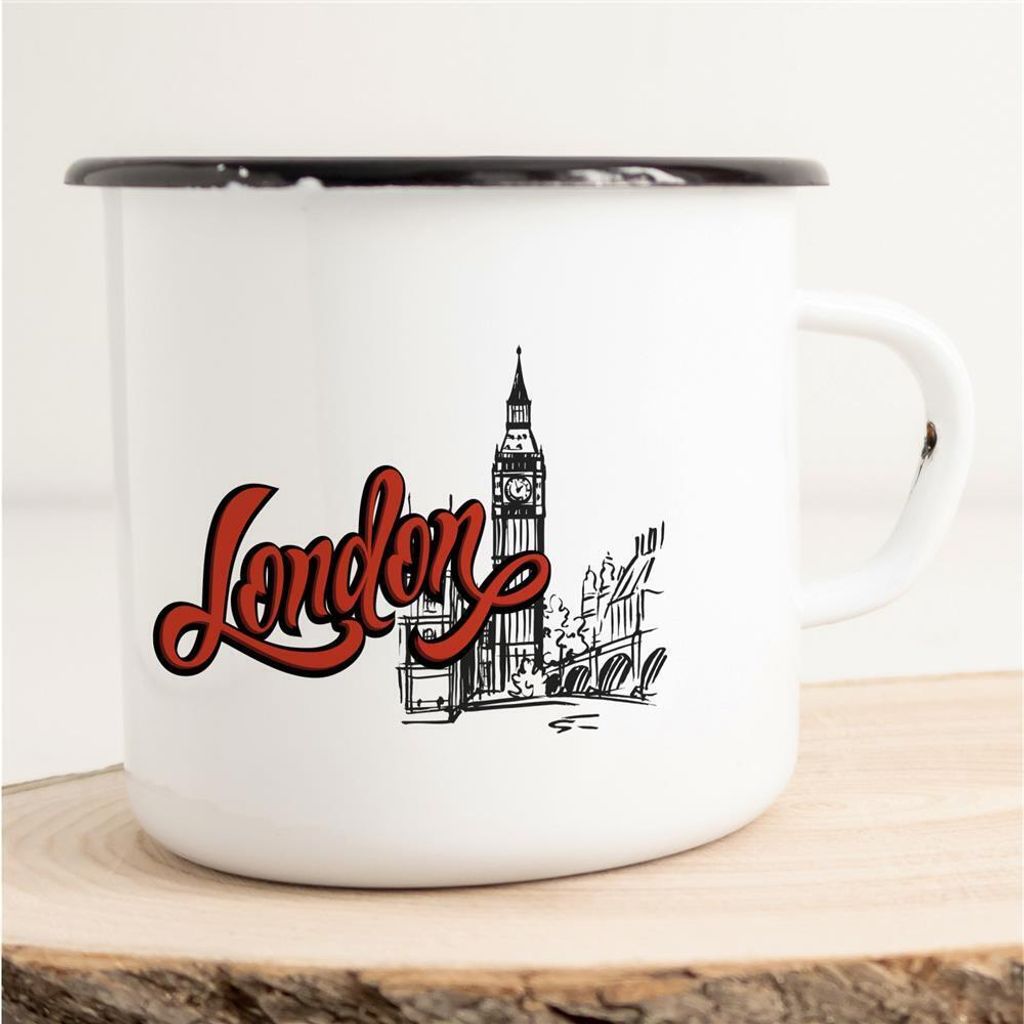 Huuraa Emaille Tasse London Geschenk Kaffeebecher Vintage 300ml London Präsent