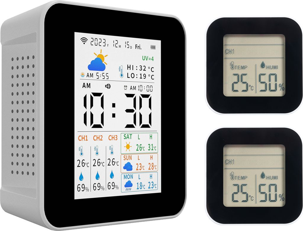 Thermometer fuer drinnen und draussen, kabellose Tuya-Wetterstation mit 2 Sensoren, Feuchtigkeits- und Temperaturmesser, Echtzeit-Prognosemonitor, ...