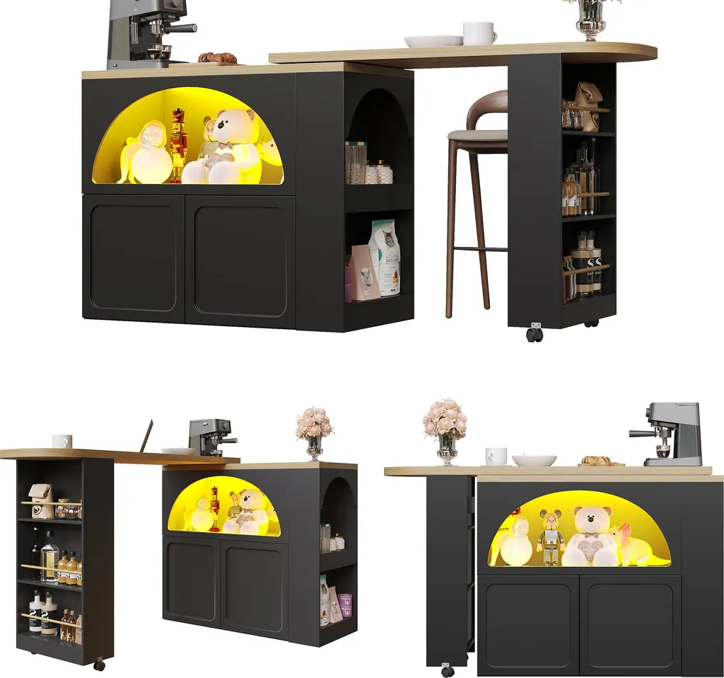 Comptoir de cuisine moderne extensible noir avec éclairage LED et USB - 12