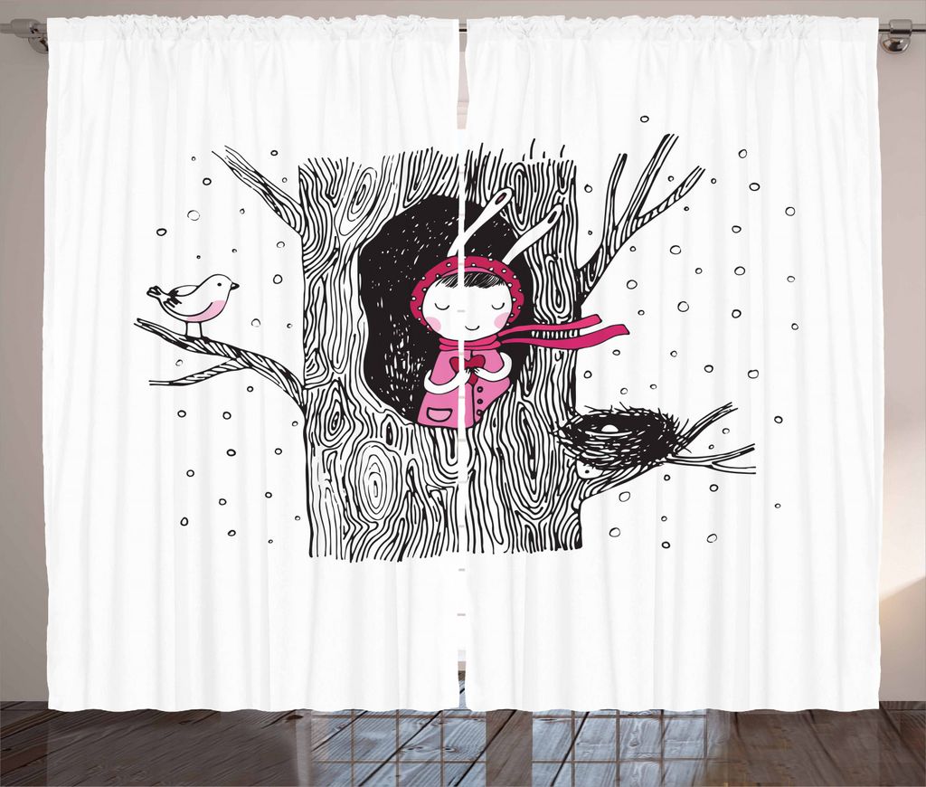 ABAKUHAUS Baum Rustikaler Gardine, Mädchen in Höhle mit Herz, Schlafzimmer Kräuselband Vorhang mit Schlaufen und Haken, 280 x 225 cm, Weiß Schw...