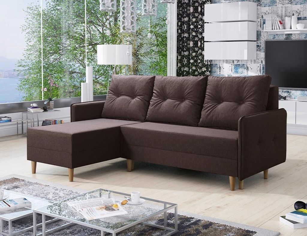 Easy4You Ecksofa FERN Braun L-Form – 222x93x145 cm - Schlafsofa mit Bettkasten und Schlaffunktion - Eckcouch mit Stauraum und Holzfüße, Kissen ...