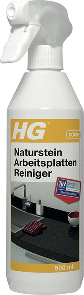 A bottle of HG Naturstein Arbeitsplatten-Reiniger cleaner on a white background, with a kitchen counter scene depicted on the label.