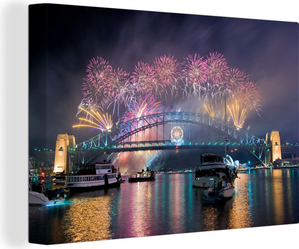 OneMillionCanvasses - Leinwandbilder - 150x100 cm, Feuerwerk über der australischen Stadt Sydney, Wandbilder Kunstdruck Wanddekoration