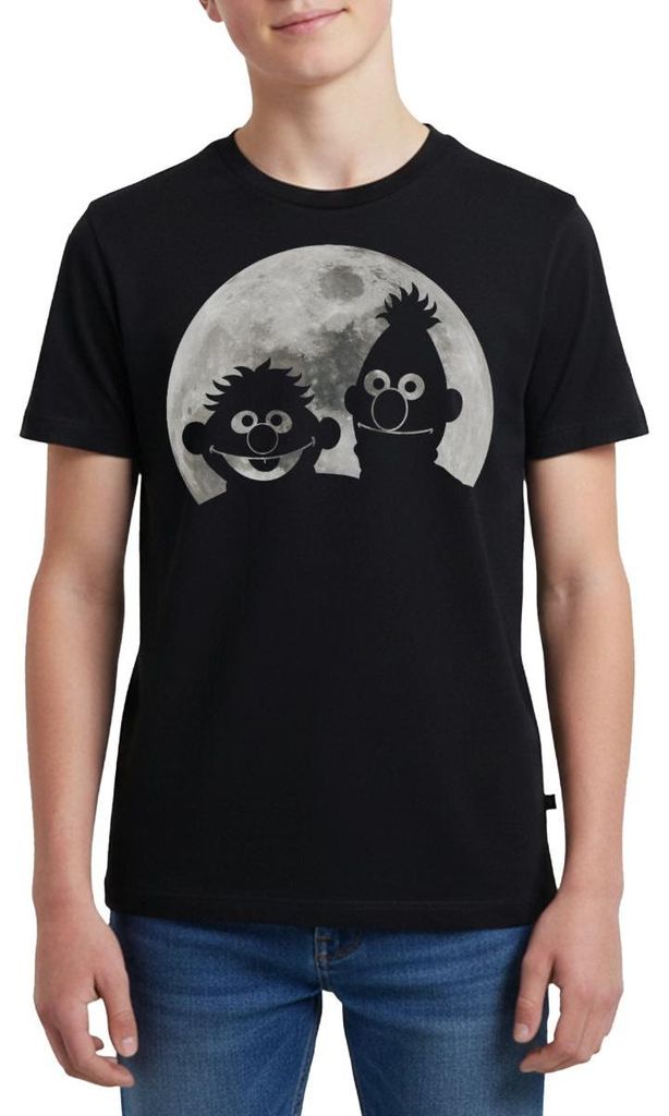 Spreadshirt Sesamstraße Ernie & Bert Bei Mondschein Teenager Premium T-Shirt, 146/152 (10 Jahre), Schwarz