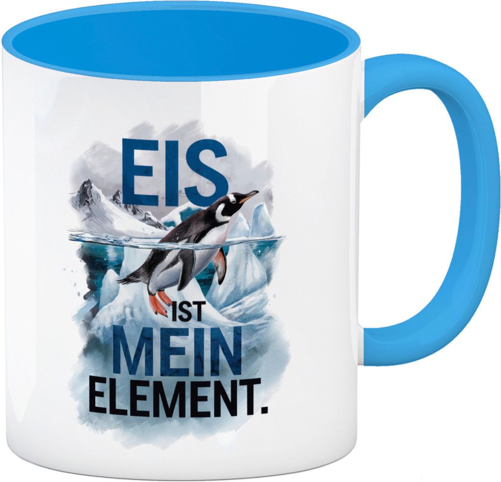 Eis ist mein Element Kaffeebecher in hellblau Pinguin im Eis
