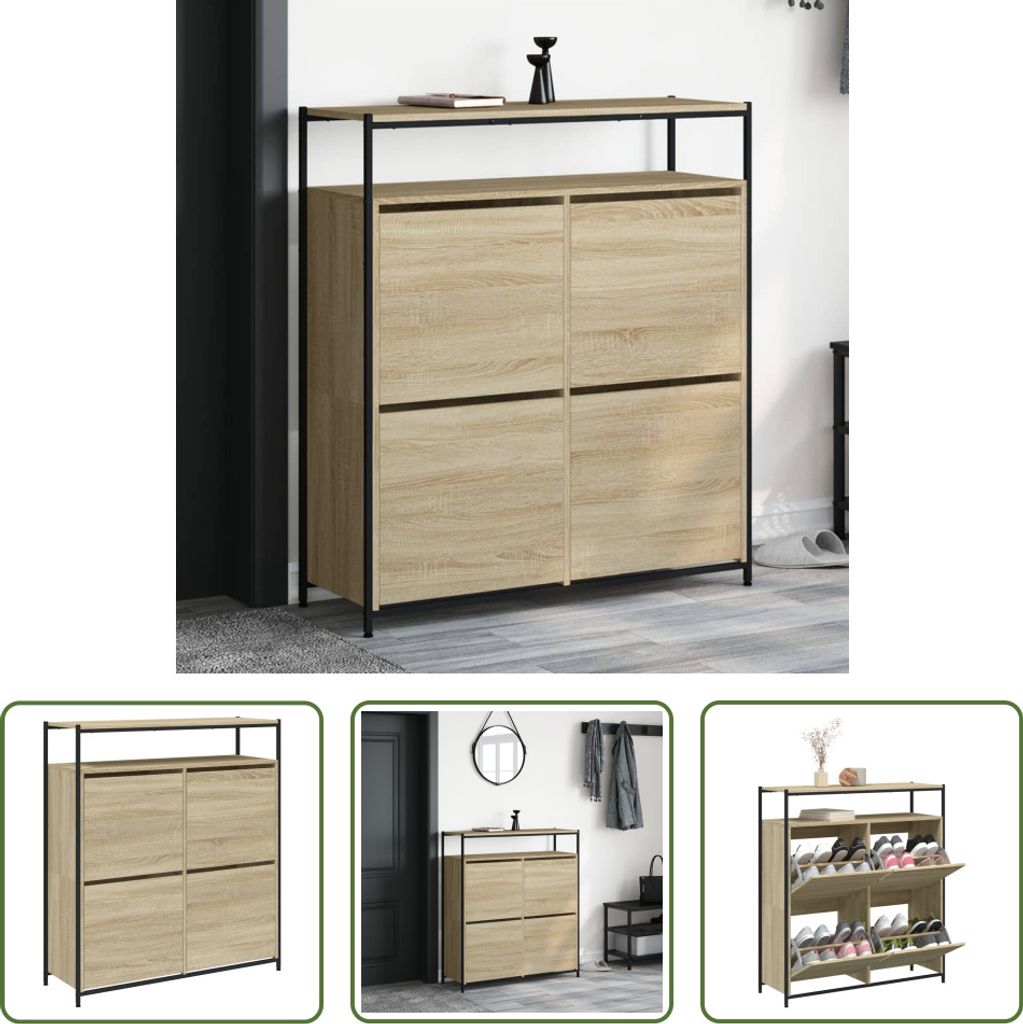 The Living Store Schuhschrank mit 4 Klappen Sonoma-Eiche 100x34x112 cm