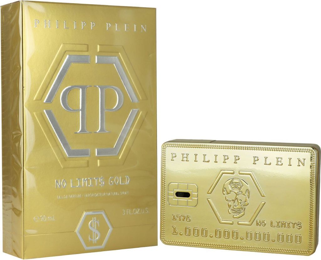 A gold-colored perfume box and a gold-colored credit card-shaped item are displayed side-by-side against a white background.