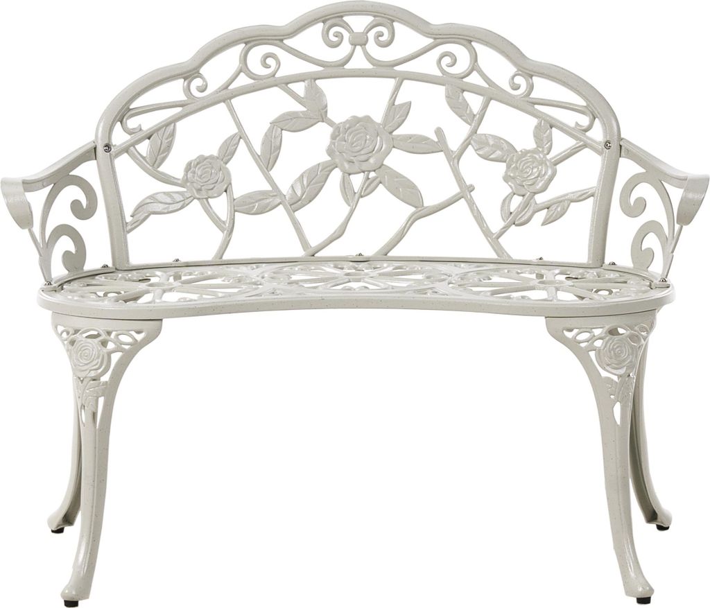 A white metal garden bench with ornate rose detailing.