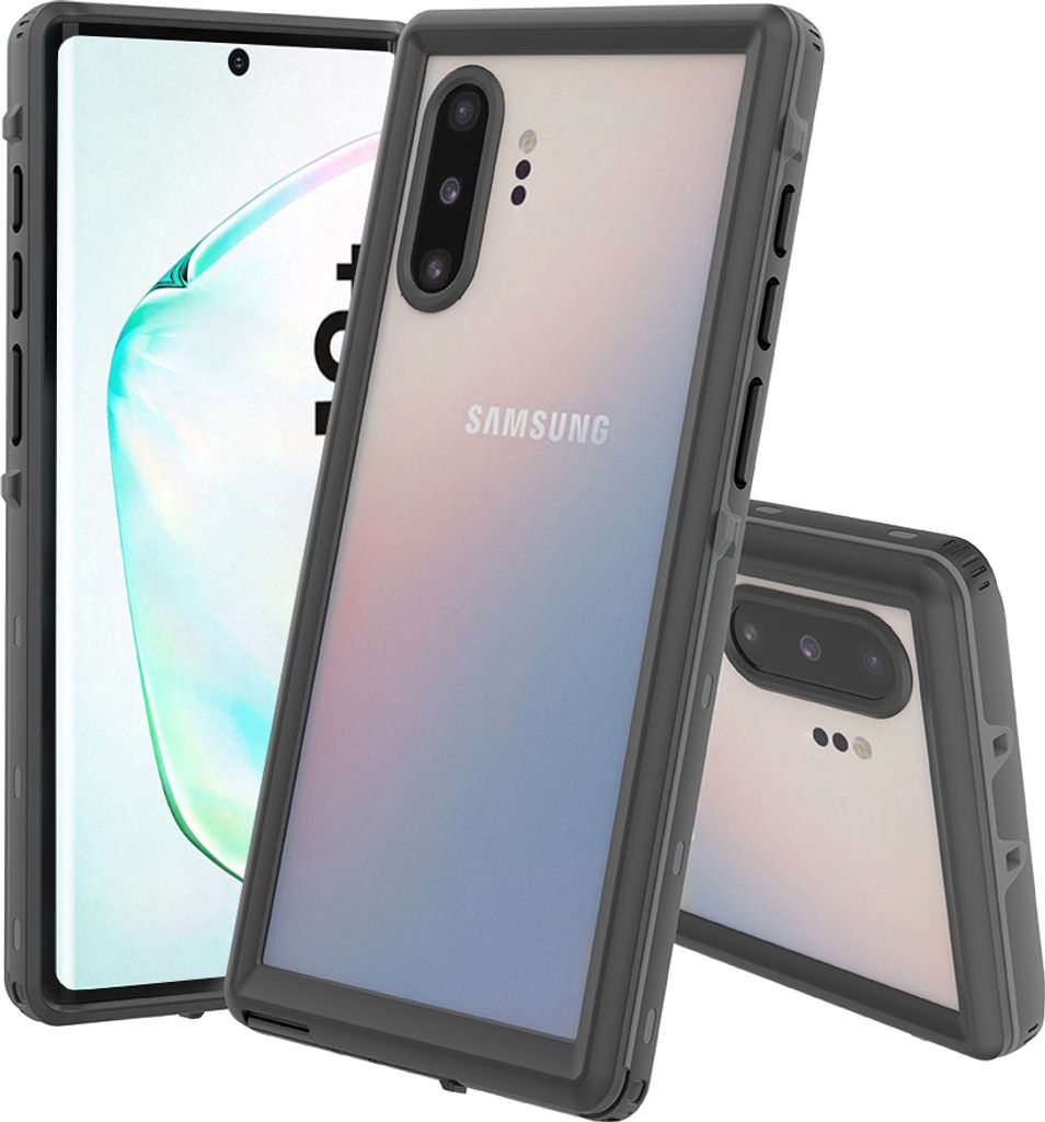 A Samsung Galaxy Note 10+ Plus phone in a black protective case, shown from multiple angles.