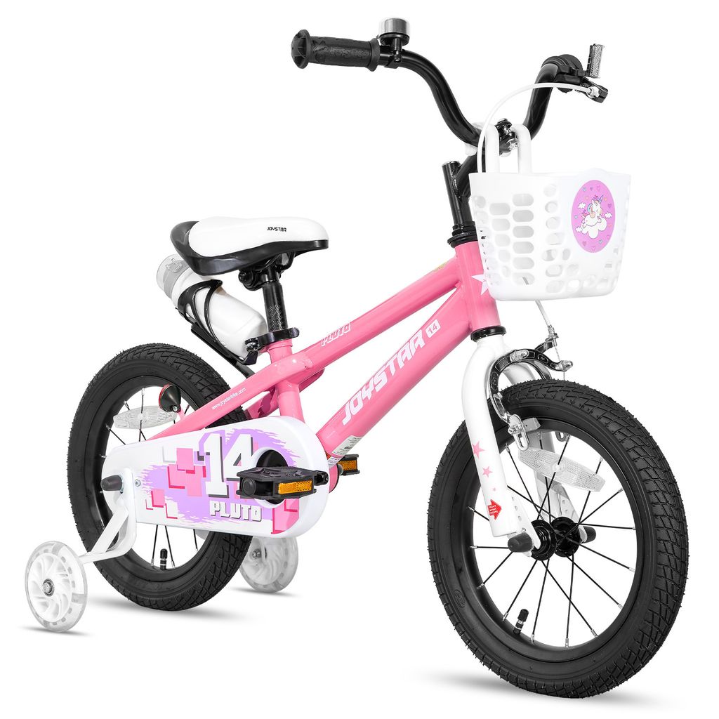 JOYSTAR Pluto 16 Zoll Kinderfahrrad mit beleuchteten Stützrädern, Korb, Flaschenhalter, Kinderfahrrad für Jungen und Mädchen 3-12 Jahre, Rosa
