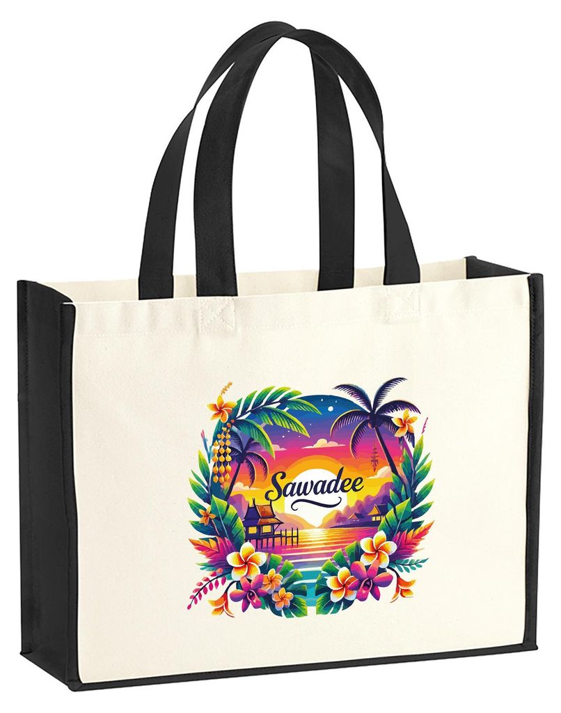 Huuraa Jutetasche Sawadee thailändische Begrüßung 21 Liter Black Jute und Baumwolle Einkaufstasche Geschenkidee