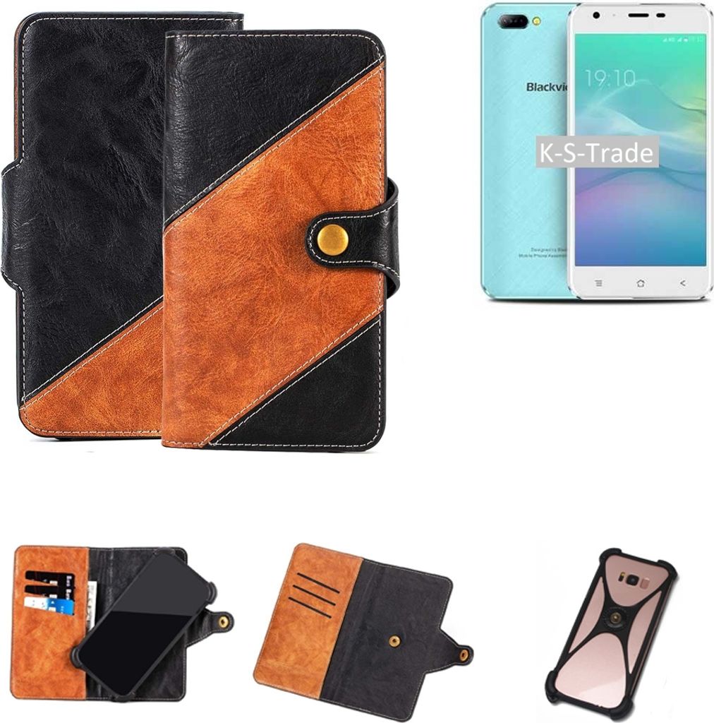 K-S-Trade Handyhülle Schutzhülle Bookstyle Case Wallet-Case kompatibel mit Blackview A7 Handy Cover Bumper Klapphülle schwarz hellbraun 1x