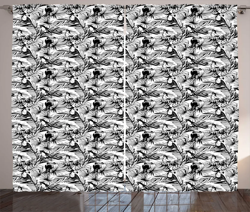 Grand Rideau Motif Toucan et Palmier, Système de Fixation Mixte, Gris