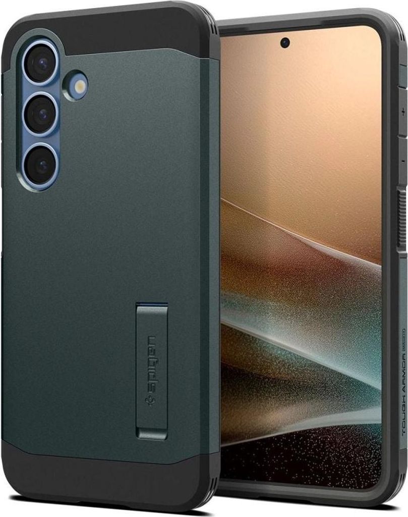 A green and black phone case with a kickstand is shown next to a smartphone.