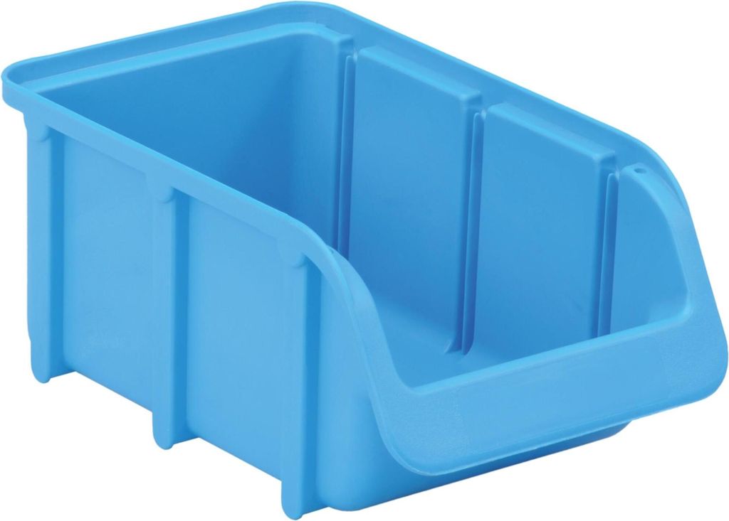 A light blue plastic storage bin is shown from a slightly elevated side angle against a white background.