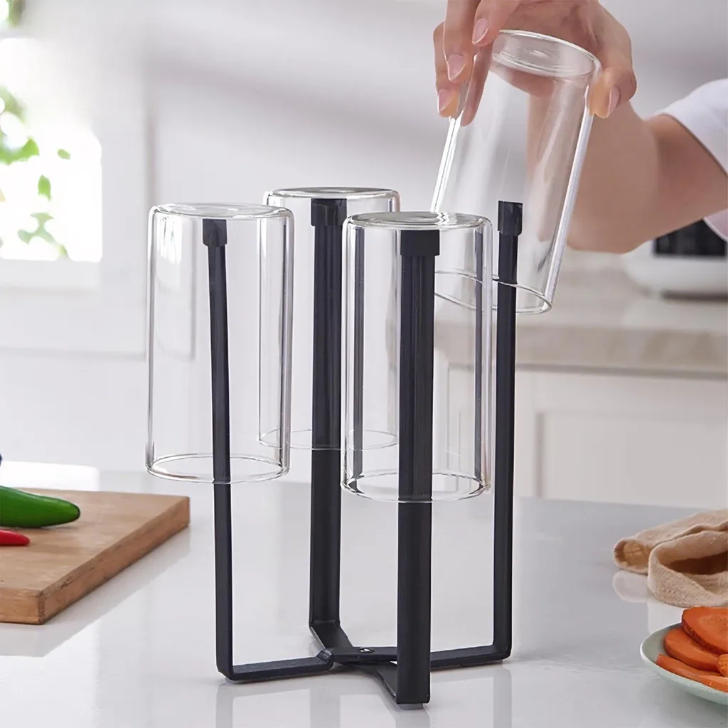 Porte-bouteille Métal Noir avec Support Pliable pour Séchage Rapide