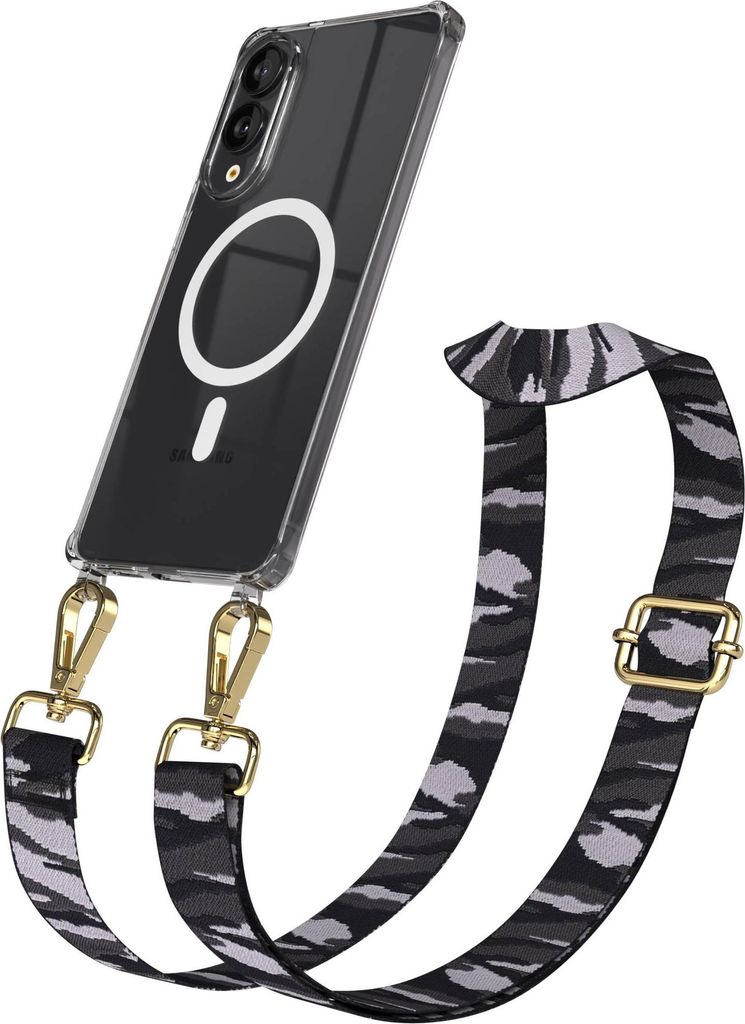EAZY CASE - Handykette mit MagSafe Hülle für Samsung Galaxy S25 Edge, Handyband Camouflage Style, Karabiner Gold, Umhängeband in Grau