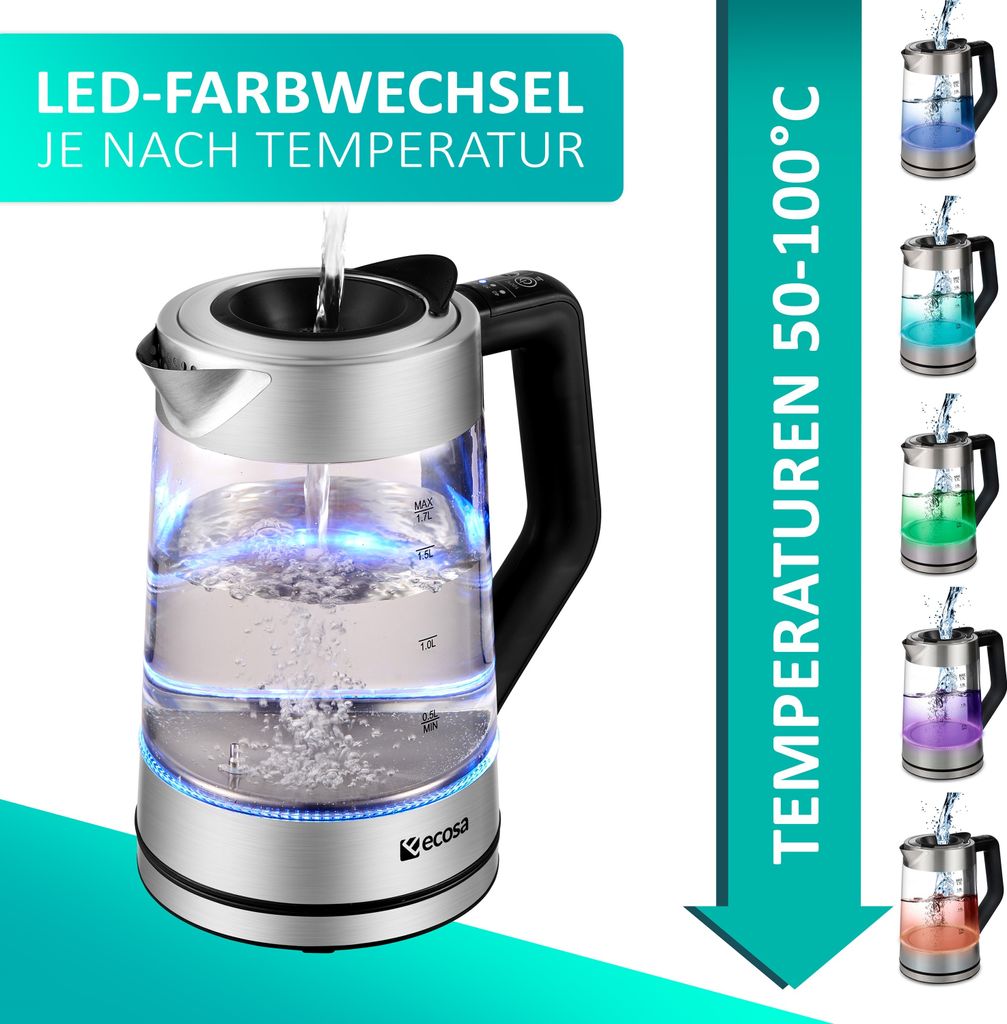 Bollitore In Vetro Digitale 1,7L Con Controllo Temperatura 40-100°C – 2200W, Display LED, Mantenimento Calore E Doppia Parete