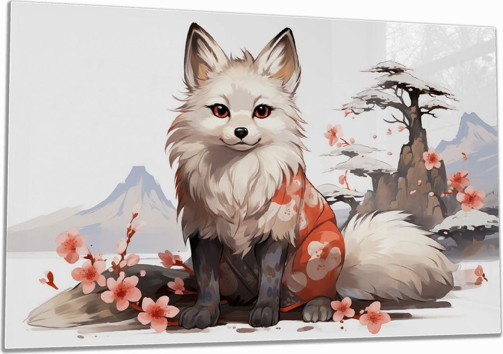 Wallario Herdabdeckplatte aus Glas, Größe 80 x 52 cm 1-teilig, Motiv Fuchs mit Kirschblüten