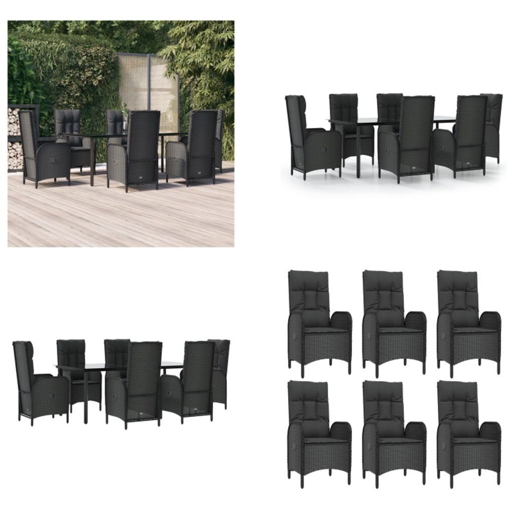 vidaXL 7 tlg. Garten Essgruppe mit Kissen Schwarz Poly Rattan - Garten Essgruppe - Garten Essgruppen - Essgruppe - Essgruppe Terrasse