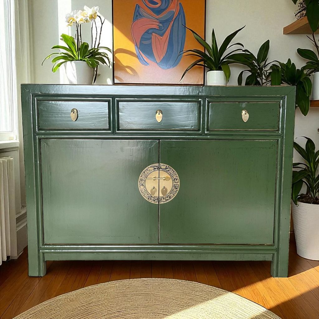 OPIUM OUTLET Chinesische Kommode Asia Sideboard orientalischer Schrank asiatische Vintage Möbel Anrichte Hochzeitsschrank komplett montiert grün
