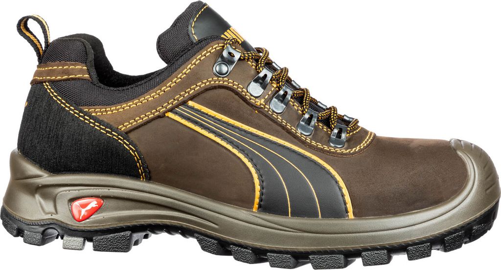 A side view of a brown Puma safety shoe against a white background.