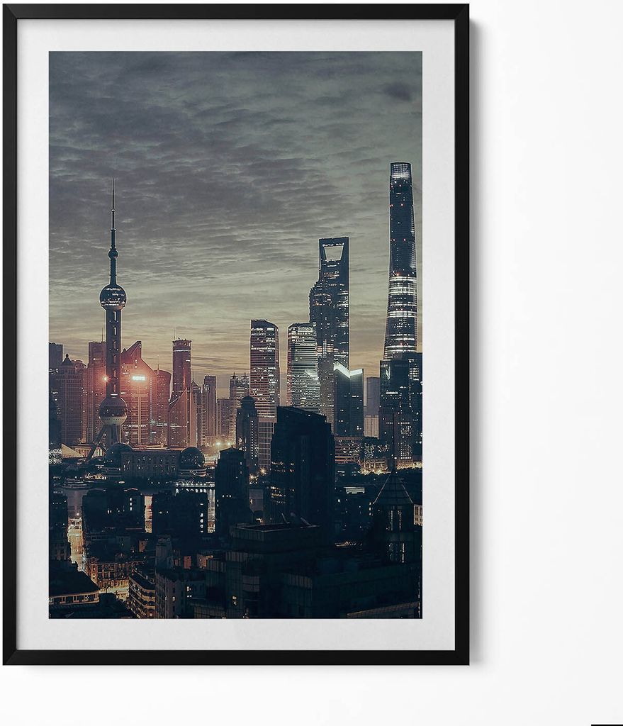 Shanghai-Panorama bei Nacht– Wandbild mit Rahmen – Gerahmtes Bild – Wanddekoration – 70x100 cm – Schwarz Rahmen