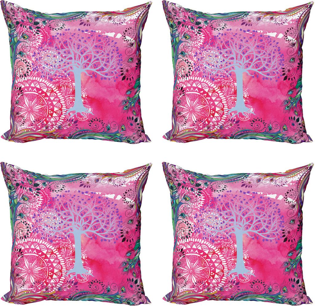 ABAKUHAUS Natur Kissenbezug Set (4 Stück), Weinlese-Baum des Lebens, Moderner Doppelseitiger Digitaldruck, 50 cm x 50 cm, Blau