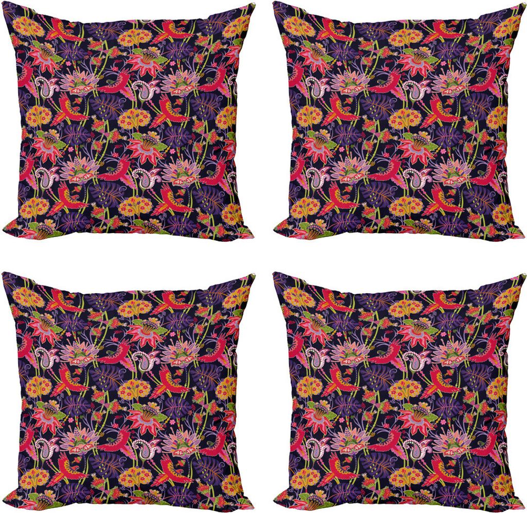 ABAKUHAUS Jacobean Kissenbezug Set (4 Stück), Floral Jungle Illustration, Moderner Doppelseitiger Digitaldruck, 50 cm x 50 cm, Dark Purple Multicolor