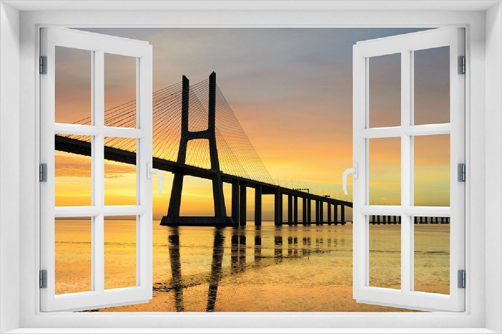 Wallario selbstklebendes Poster mit Fenster-Illusion - Vasco da Gama Brücke, Größe: 100 x 150 cm
