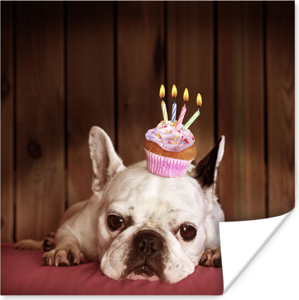 MuchoWow Poster Französische Bulldogge - Cupcake - Kerzen 75x75 cm - Wand Dekoration