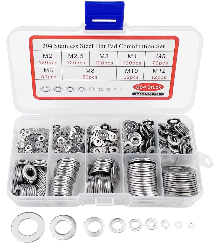 684 Stück Rondellen aus rostfreiem Metall, für Toröffnungen, Verbindungsplatten, selbstblockierende Küvetten, mit 1 Sortimentskasten, 9 Größe...