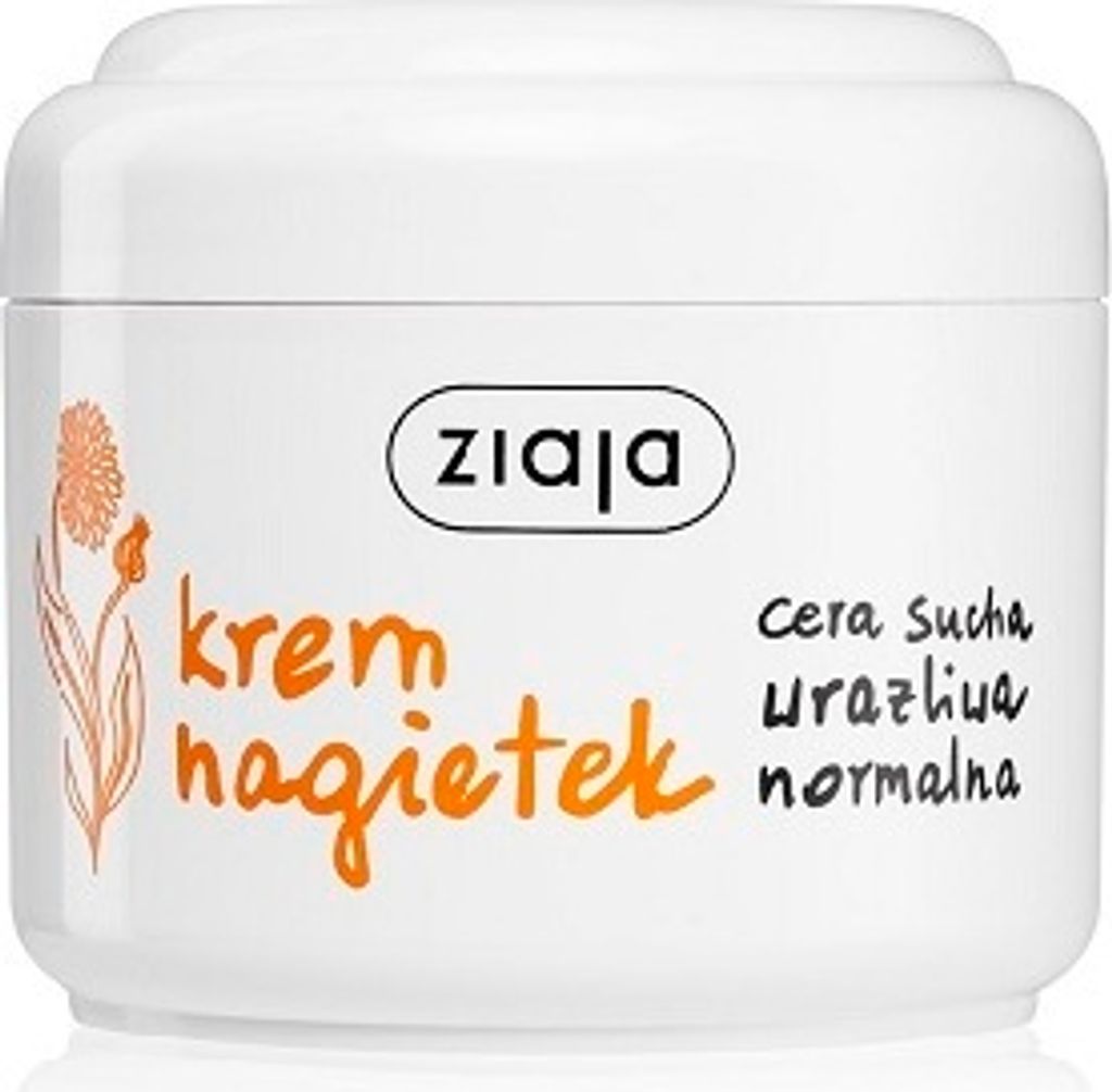 A white jar of Ziaja calendula cream with orange floral illustrations and text.