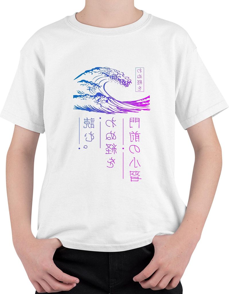 門道の心管 Japanische Welle Ukiyoe Neon Vaporwave Cyberpunk Retro Uni Kinder T-Shirt, Weiß, 140